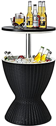 GOPLUS 30L Bar Cool Seau à Glace 3 en 1 Réglable en Hauteur avec Bouchon de Vidange,Table de Refroidisseur de Glace 30L en PP et Rotin Imité,Table de Jardin avec Bassine pour Plage (Noir)