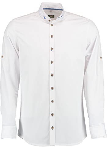 OS Trachten Herren Hemd Langarm Trachtenhemd mit Stehkragen Prayat, Größe:41/42, Farbe:weiß-Mittelblau