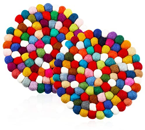 2 Pieces Round Felt Ball Coasters Handmade Multi Color Pot Mat Colorful Hot Plate Holder Heat Resistant Felt Balls Trivet Pot Holder for Table Desk Kitchen Decor Accessories