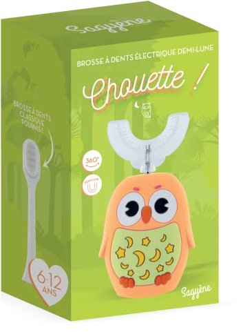 Brosse à Dents Électrique Demi-Lune en Forme de U Pour Enfants 6 à 12 ans - Style Chouette - Avec Brosse Classique