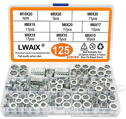 Einschraubmutter M5 M6 M8 M10 Gewindeeinsatz Holz Gewindebuchse ​Innensechskantmuttern Sortiment aus Verzinktem Stahl für Holzmöbel 125Stk