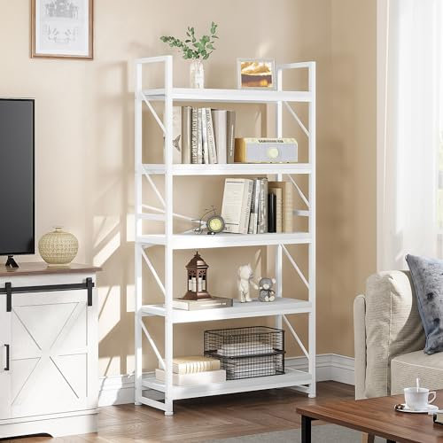 YITAHOME Bookcase 5 Tiers, Industrial Book Shelf Large Floorstanding Book case Wooden Shelf and Metal Frame Shelving Unit Display Storage Rack for Living Room, Home Office, Pure White Bookshelf