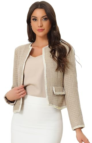 Allegra K Blazer de tweed a cuadros para mujer, chaqueta corta de manga larga con frente abierto, para el trabajo y la oficina, caqui, XL