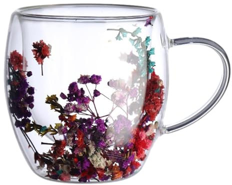 Doppelwandige Glastasse Mit Getrockneten Blumen, 350ML Doppelwandige Gläser, Thermogläser Doppelwandig Kaffee Gläser, Klare, Florale Latte-Gläser-Tasse Für Saft