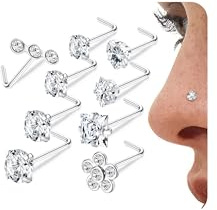 LOLIAS 9 stycken 20 g silver näspiercing plugg L formad skruv nostril piercing guld näspiercing plugg 316L kirurgiskt stål CZ näspiercing plugg smycken set för kvinnor och män, Rostfritt stål