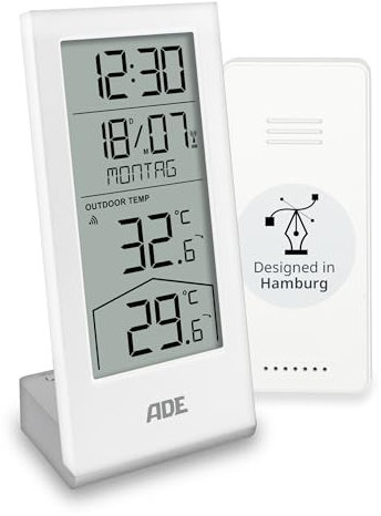 ADE Stazione meteo digitale con sensore esterno | termometro per temperatura interna ed esterna | orologio e calendario radiocontrollato con giorno della settimana | batterie incluse | bianco