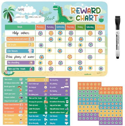 Magnetic Reward Chart for Kids, with 52 Behaviour Stickers, Dinosaur