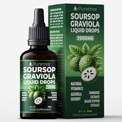 PURETREX Soursop Liquid Drops | 2000mg Natural Extract with Vitamin C, Turmeric & Black Pepper | Acerola Cherry Immune & Wellness Support 60ML