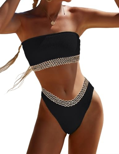 YIMISAN Maillot de Bain Deux pièces Bandeau côtelé sans Bretelles pour Femme avec Bas Coquin, Taille Moyenne, Bracelet Noir et doré, Taille M