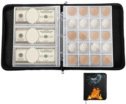 Coin Collection Album Holder for Collectors - 480 Pockets Fireproof Coins Collecting Album & 36 Sleeves Money Storage Case for Coin Currency Collection Supplies, Bill, Pennies, Quarters, Stamp