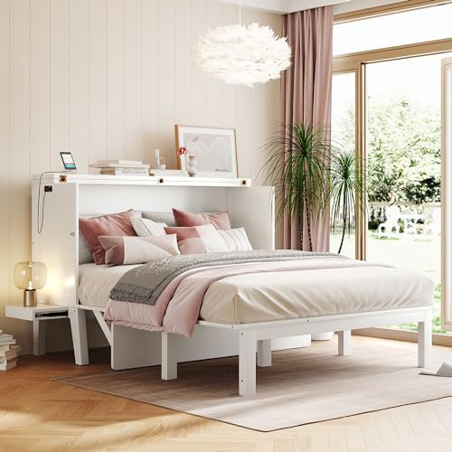Merax Murphy Bed Queen Size with USB Port and Slide-Out Shelves on Each Side, 2-in-1 Foldable Bed Frame Cabinet Desk for Bedroom Guest Room Living Room (White)