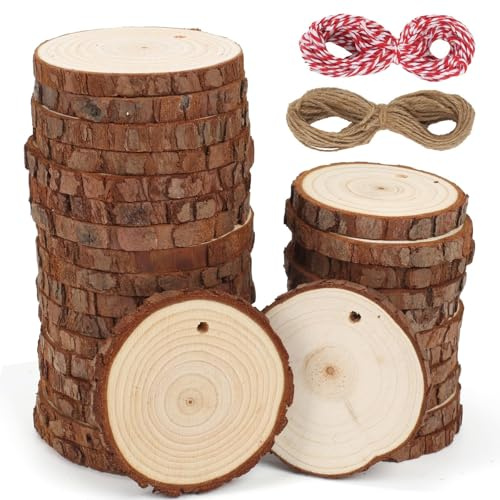 FALSKT 30PCS Rodajas de Madera Natural 6-7CM Troncos Madera Decoracion Discos de Madera Rebanada Cuerda de Cáñamo Maderas con Agujeros Discos de Madera Natural para Manualidades Navidad