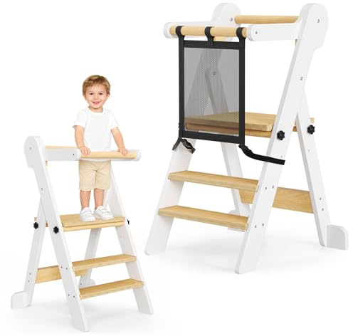 Niktulo Torre de Aprendizaje Plegable con Bolsa de Malla,Escalón para niños Ajustable en Altura de 2 escalones,Torre Multiusos para Niños Fácil de Montar