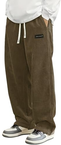 PADOLA Pantalones de Pana para Hombre Pantalón Holgado Cintura con Cordón Casuales Elásticos Cálido y Cómodo(L,Marrón)