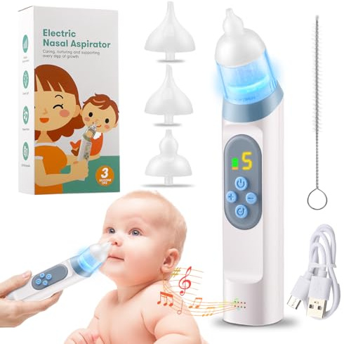 Mouche Bébé Électrique Aspirateur Nasal, Bebe Aspirateur Nasal 5 Niveaux de Puissance d'Aspiration 3 Tips, Nez Bebe Electrique Sécurité Hygiénique pour Nouveaux-Nés et les Bambins(Blue)