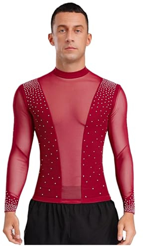 YEAHDOR Mens Latin Dance Top Shirt Sheer Shiny Rhinestone Long Sleeve Ballroom Dance Blouse for Ballet Chacha Tango Stage Burgundy Medium