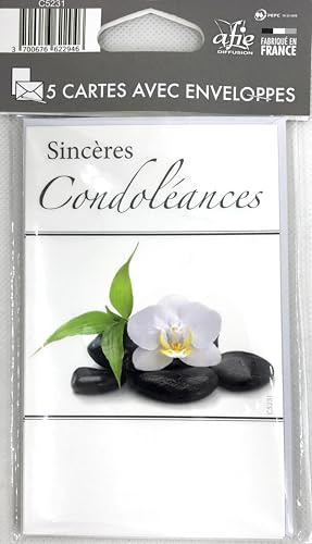 C5231 Lot 5 Cartes Sincères Condoléances + 5 Enveloppes Blanches Format 9x14cm Fleur d'Orchidée Blanche élégante sobre Galets Zen Repos -Pour Obsèques Funérailles Enterrement Deuil -Fabriqué en France