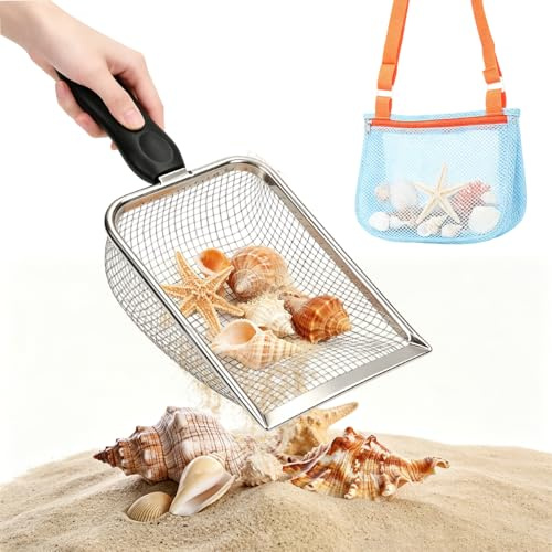 MorLuks Pelle de plage en filet avec sac à jouets de plage, pelle à sable pour coquillages, sac de plage pour enfants, accessoires pour garçons et filles