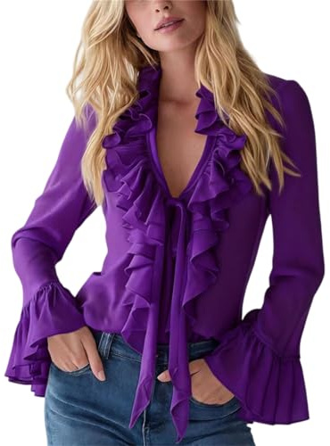 Enfärgad V-ringad volangblus för kvinnor, utsvängda ärmar, lätt chiffong, ledig chic och feminin stil, svart, 3XL