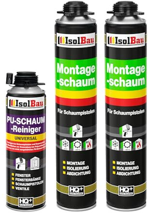 Isolbau Kit de mousse de construction – Comprend 2 x mousse de montage B2 1K avec un excellent son et une isolation thermique (750 ml chacune) et 1 nettoyant pour mousse polyuréthane (500 ml), isolant