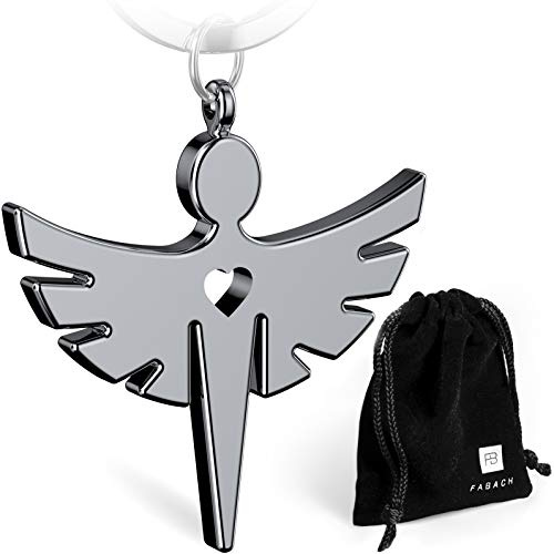 FABACH, portachiavi a forma di angelo custode con cuore, elegante ciondolo in metallo in argento, portafortuna, regalo per auto, per patente di guida, guida con attenzione, 1 x argento (lucido)