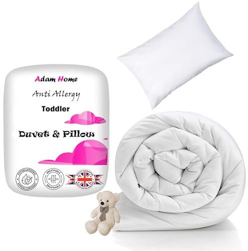 Adam Home 7.5 Tog Toddler Duvet and Pillow Set 100% Microfibre Anti-Allergy Lightweight Cot Bed (Duvet 120x150 cm) & (Pillow 40x60 cm) Hypoallergenic and Machine Washable