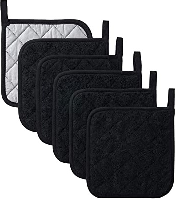 Kitchen Pot Holders Set Heat Resistant Pure Cotton Potholders Kit Trivets Large Coasters Hot Pads Terry Pot Holders for Everyday Cooking and Baking by 7 x 7 Inch Set of 6 Black