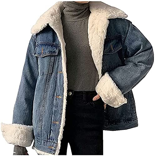 Giacca di Jeans Invernale da Donna Foderata Con Pelliccia e Cappuccio - Calda Giacca in Pile (Color: Blue, Size: M)