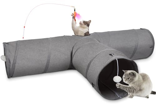 Ownpets Katzentunnel, 3-Wege-Faltbarer Kitty-Tunnel, 30cm im Durchmesser, größere Katzenröhre mit Plüschball & Federspielzeug, großer Katzenspieltunnel für große Katze, Kätzchen, Welpen, Kaninchen