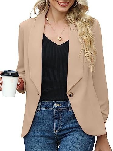 PrinStory Blazer för dam, öppen framsida, cardigan 3/4 rynkad ärm, vardagligt, arbete, kontor, blazer, jacka för damer, Khaki, 44/46 SE