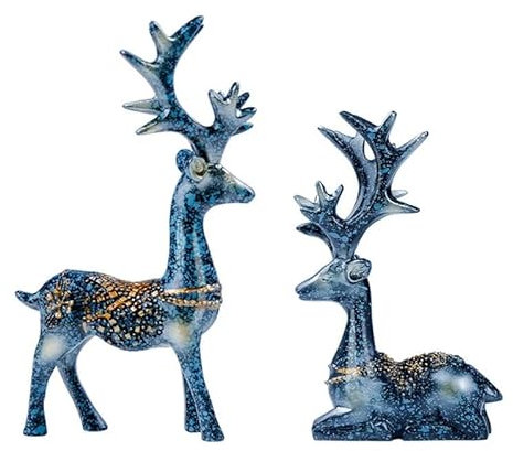 WOO MANTO 2er Weihnachtshirsch H 11cm & 9,5cm kleine Hirsche Weihnachtsdeko Rentier Adventsgesteck Weihnachtsfigur (Blau)