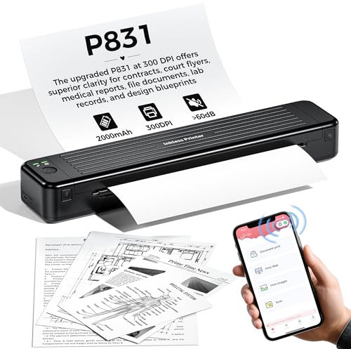 PhoFuta P831 Tragbarer Drucker Bluetooth Thermotransferdrucker, 300 DPI Kleiner mobiler Drucker für Reisen, Zuhause, Büro, Geschäftsreise, Schule, kompatibel mit Telefon & Laptop, unterstützt