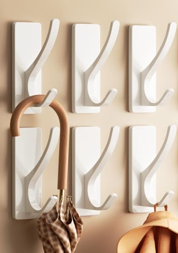pickpiff White Self Adhesive Coat Hooks for Hanging: 13LB Extra Strong Stainless Wall Hook for Towel, Utensil, Backpack, Hat, Sturdy Metal Hanger for Bathroom, Kitchen, Door, 6 Pack