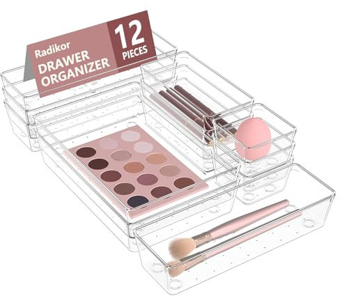 Radikor 12pcs Drawer Organisers Set, Clear Makeup Drawer Organiser Trays Plastic, 4-Size Desk Drawer Inserts Dividers, Acrylic Storage Bins for Makeup, Cosmetic, Officce, Bathroom, Gadgets