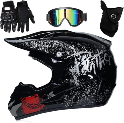 Casco da motocross, casco integrale per adulti e ragazzi, per fuoristrada, per moto da cross, MTB, BMX, downhill, mountain bike, moto, con occhiali, guanti e visiera (colore: nero, taglia: L (56 ~ 57
