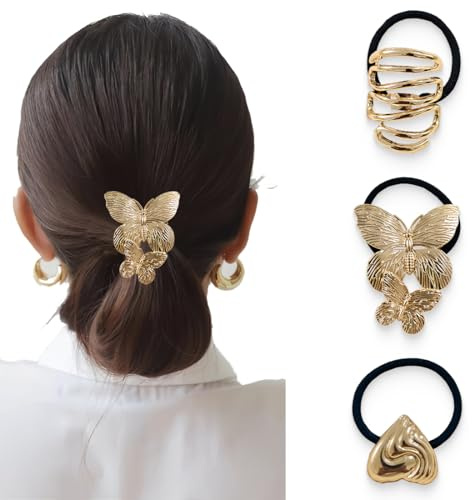 3 Pièces Manchette de Cheveux, Or Bijoux Cheveux, Attache Cheveux Femme en Métal, Elastique Cheveux pour Queue de Cheval Accessoire de Corde de Cheveux