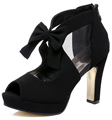 GATUXUS Open Toe Women Platform High Heel Shoes Bows Strappy Sandals (US 8.5, Black)
