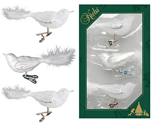 Krebs Glas Lauscha - Weihnachtsdekoration/Christbaumschmuck aus Glas - Vögel auf Clip - Farbe: weiß mit Eislack - 3 Stück - Größe: ca. 11 cm