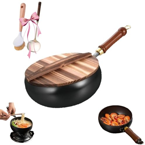 Poêle japonaise en fer forgé non revêtu, forgée à la main japonaise antiadhésive sans revêtement avec couvercle, pour cuisinière à gaz, avec spatule (couvercle en bois, 24 cm)