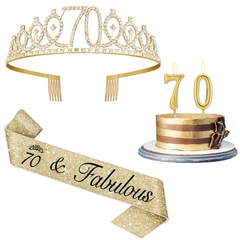70th Birthday Decorations for Women with 70th Birthday Sash and Crown, Gold Number 70 Candles, 70 Year Old Gifts for Women