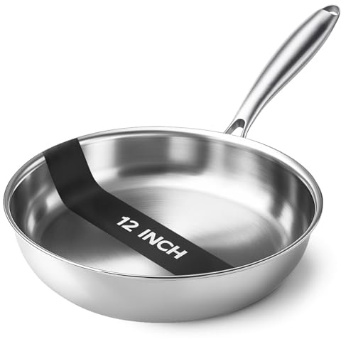 Kirecoo Tri-Ply Stainless Steel Pan - 12 Inch Frying Pan, Fast and Even Heat Stainless Steel Skillet, Induction Cookware, Dishwasher and Oven Safe Skillet