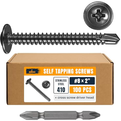 ALBO 100 PCS, #8 x 2 Black Self Tapping Screws for Metal, Stainless Steel Self Drilling Screws with Truss Head for HVAC, Metal Studs, Thin Steel & Aluminum