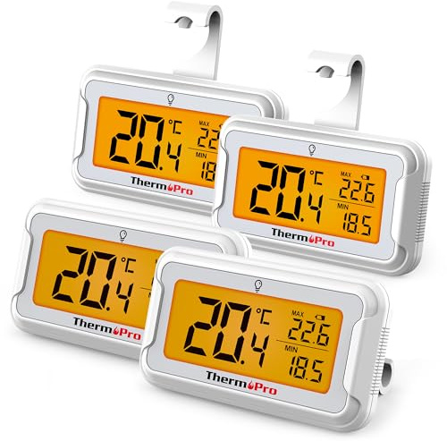 ThermoPro Termometro digitale per frigorifero, con grande display LCD e retroilluminazione, con registrazione max/min, con opzioni magnetiche e supporto, 4 pezzi