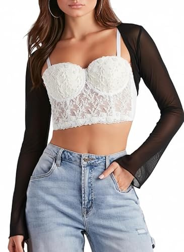 Sukiglam Coprispalle Donna Elegante Maniche a Campana Bolero Leggero in Rete Trasparente Top Corto Aperto Davanti Casual Sport Scaldacuore Sexy Copri Spalle Moda Giacca per Abiti da Sera Cerimonie