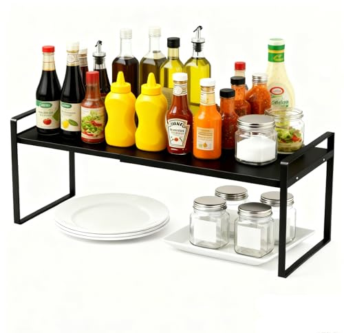 lakudayy Kitchen Shelf Organiser, Expandable Cupboard Shelf 32-53cm, Adjustable Shelf Height Heavy Duty Kitchen Shelf, Black Shelving for Desktop Cupboard Organiser