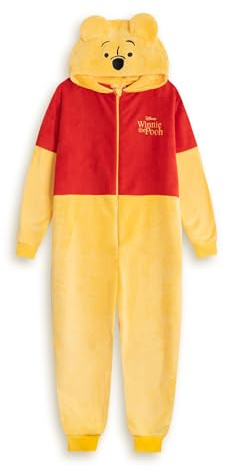 Disney Winnie the Pooh Women's Yellow & Red Zip-Up Onesie | Long Sleeve Hooded Loungewear in Cosy Fleece | Cartoon Sleepwear | Ideal for Relaxing & Lounging Merch - X-Large