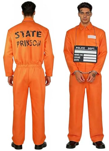 SilverChry Disfraz Estilo Preso Unisex, Disfraz de Prisionero,Mono de Prisión,Disfraz Preso Naranja Hombre, Conjunto Completo con Esposas,Placa y Tatuajes,Ideal para Carnaval y Halloween (Naranja L)