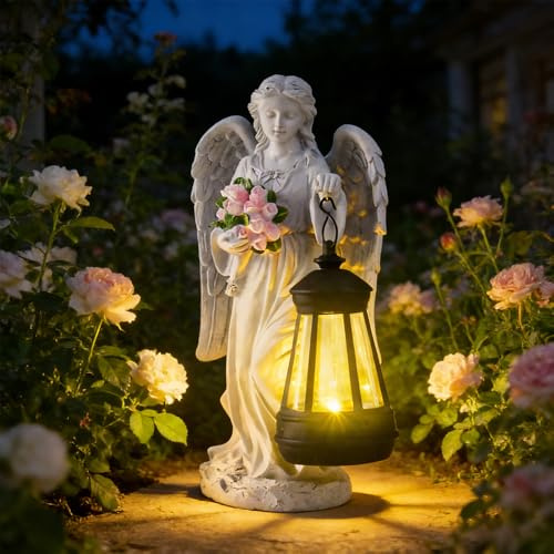 Vmxlso Angelo per tomba, resistente alle intemperie, a forma di angelo solare, resistente alle intemperie, con luci a LED, impermeabile (mazzo di fiori e lanterna)