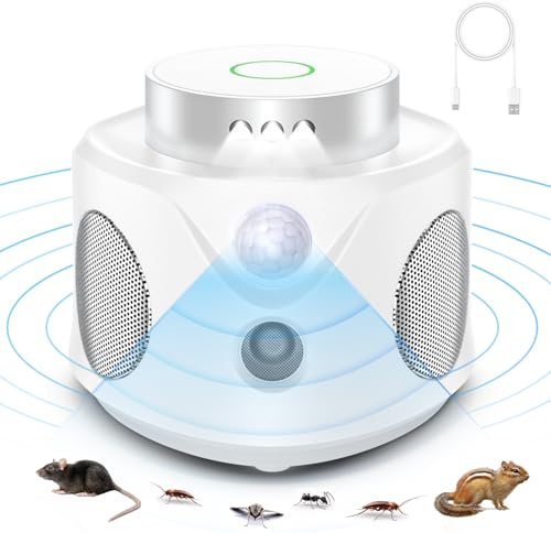 Ahuyentador de Ratas, Ultrasonido contra Ratones 360° Ahuyentador de Topos con Luz LED Repelente Ultrasónico de Plagas Enchufables Roedores Dispositivo Ultrasónico Cucarachas para Jardín