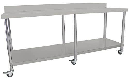 Beeketal 'BET-200' Gastronomie Edelstahl Arbeitstisch 200 x 59,5 cm auf Rollen - Gastro Edelstahltisch bis 150 kg belastbar mit Aufkantung, unterer Ablagefläche und 6 Rollen mit Feststellbremse